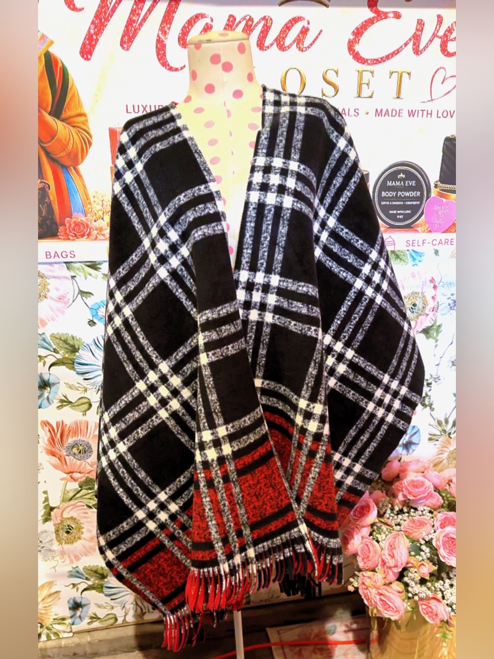 Essentials Black, White & Red Plaid Throw with Fringe